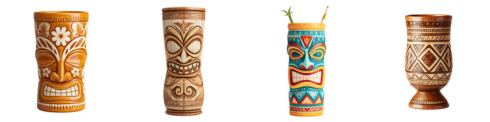 Collection of colorful tiki glasses on a white background