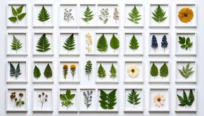 Obraz premium Fern, flower, and seed specimen arranged in grid format with white border frames and soft digital grain texture