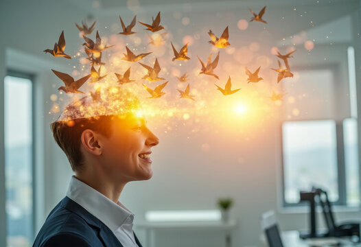 Happy smiling woman with birds and sparkles exploding from her head, great concept of explosive creativity, positive thinking, and amazing inspiration