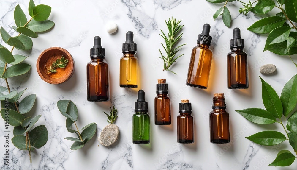 Poster elegant display of essential oils bottles on a subtle ceramic background with soft colors