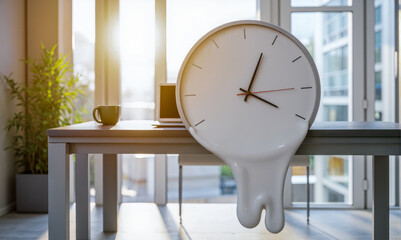 Melting wall clock on office desk, this surreal business concept shows intense time pressure and approaching project deadlines