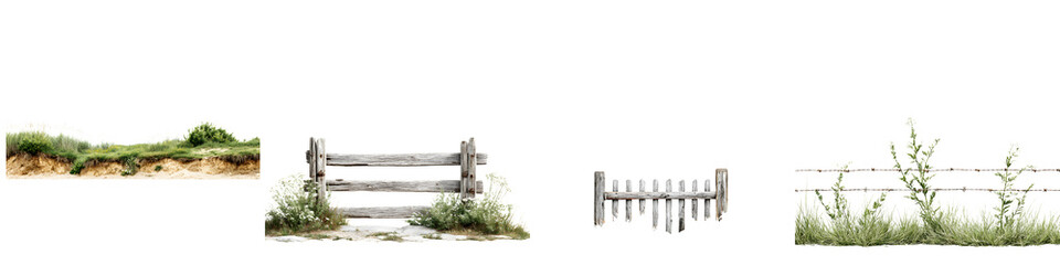 Obraz premium Watercolor Collection of Landscape Elements: Grass, Fence, Bushes, and Ground