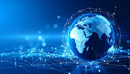 Earth surrounded by futuristic connection lines and dots representing global technology