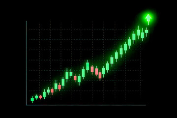 Bullish stock market candlestick chart with glowing green arrow, this concept shows great financial growth and peak investment performance
