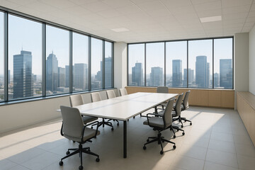 conference room featuring white rectangular table, neutral swivel chairs, panoramic windows overlooking downtown skyline, daylight fostering creative corporate planning