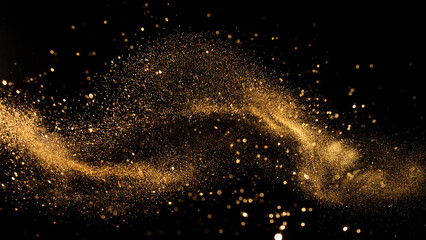 golden waves motion abstract of particles gold dust with stars on black background. wave background gold movement, seamless loop in 4k resolution.