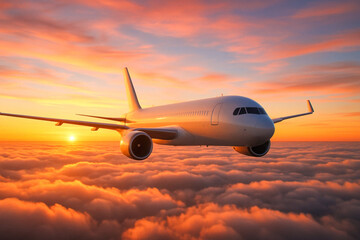Modern commercial airplane cruising over cotton clouds during vibrant sunset sky scenery inspiring travel transport industry advertising