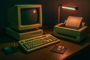 Vintage personal computer setup idle blank screen dot matrix printer prints data under cyberpunk red green lamp atmospheric late hours