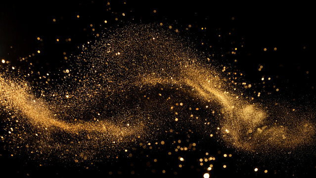 golden waves motion abstract of particles gold dust with stars on black background. wave background gold movement, seamless loop in 4k resolution.
