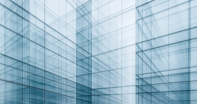 Modern glass office facades overlap creating abstract geometric pattern of transparent blue grids lines shapes corporate background banner concept