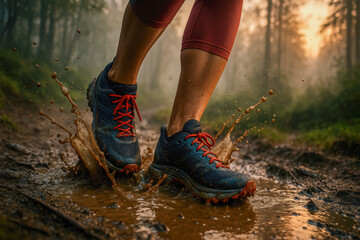 Woman conquers muddy forest trail at dawn, blue shoes with red laces splashing water, showcasing fearless spirit and personal growth