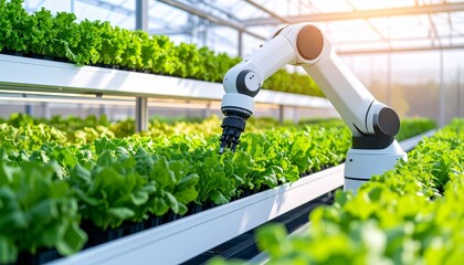 High-tech robotic system working on green plant harvesting and packaging of leafy greens