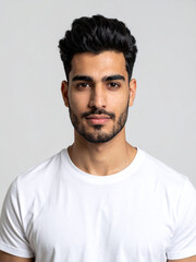 Obraz premium Candid Professional Headshot of a Young Man in a White T-Shirt – Authentic and Confident Expression for Modern Personal Branding