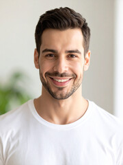 Fototapeta premium Candid Professional Headshot of a Young Man in a White T-Shirt – Authentic and Confident Expression for Modern Personal Branding