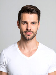 Obraz premium Candid Professional Headshot of a Young Man in a White T-Shirt – Authentic and Confident Expression for Modern Personal Branding
