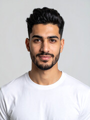Obraz premium Candid Professional Headshot of a Young Man in a White T-Shirt – Authentic and Confident Expression for Modern Personal Branding