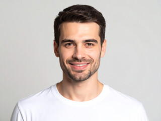 Fototapeta premium Candid Professional Headshot of a Young Man in a White T-Shirt – Authentic and Confident Expression for Modern Personal Branding