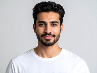Obraz premium Candid Professional Headshot of a Young Man in a White T-Shirt – Authentic and Confident Expression for Modern Personal Branding