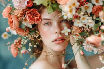Caucasian woman wearing colorful flower crown posing for spring beauty campaign
