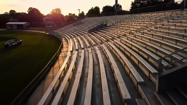 Empty stadium bleachers at sunset in outdoor sports arena
