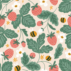 Bee vector seamless pattern. Bee and strawberry repeat background. Cute hand drawn summer meadow flowers.  Kids fabric design. Summer illustration. Floral sweet bees print.