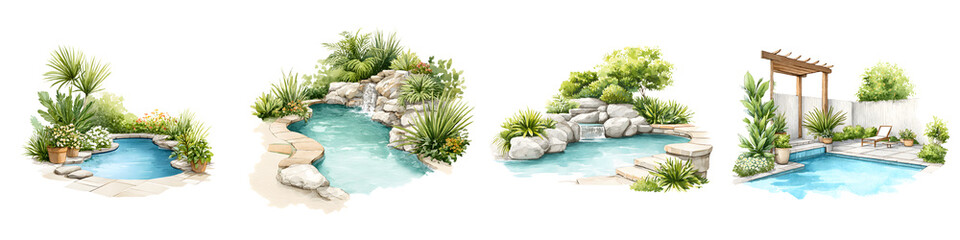 Fototapeta premium Watercolor Garden Pools and Waterfalls on White Background