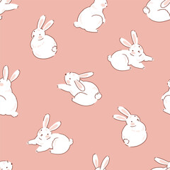 Bunny vector seamless pattern. Rabbits on pink background . Cute hand drawn kids summer fabric design.  Animal Easter illustration. 