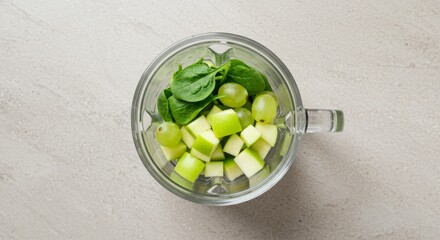transparent blender jar filled with fresh green smoothie ingredients neatly layered including baby spinach, green apple pieces, and grapes.