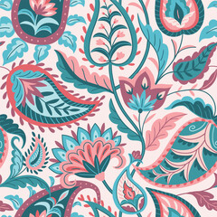 Vector seamless traditional Indian paisley pattern on pink background. Digital textile design Beautiful ethnic style colorful seamless floral hand drawn seamless pattern