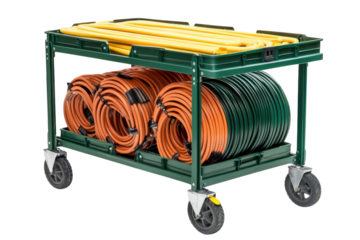 Cart full of pipes and cables Yellow pipes rest on top orange green cables are arranged well
