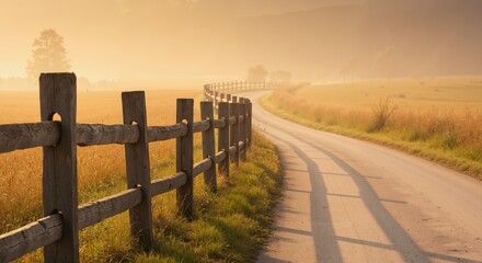 Obraz premium Serene country road winding through golden fields at sunrise 