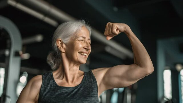 A strong older woman Smile and flexing muscles in the gym. concept of active aging and good life.