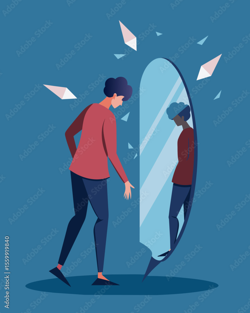 Poster a person avoiding their reflection in a shattered mirror unable to face their shattered confidence..