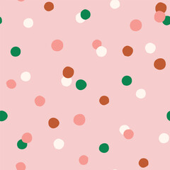 Confetti abstract vector seamless pattern. Hand-drawn geometrical  repeated background for holidays. Christmas or birthday polka dots print in pink and green colors.