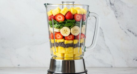 glass blender filled with fresh smoothie ingredients including strawberries, bananas, pineapple chunks, and green vegetables.