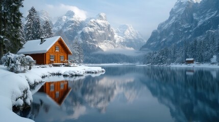 Snowy chalet by a serene lake, reflecting mountains