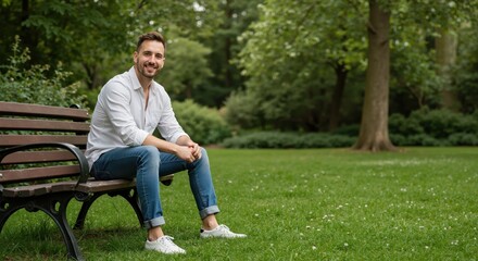 Obraz premium Smiling man sitting on bench in park surrounded by greenery 