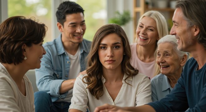 Group of diverse people talking and interacting indoors with concern  