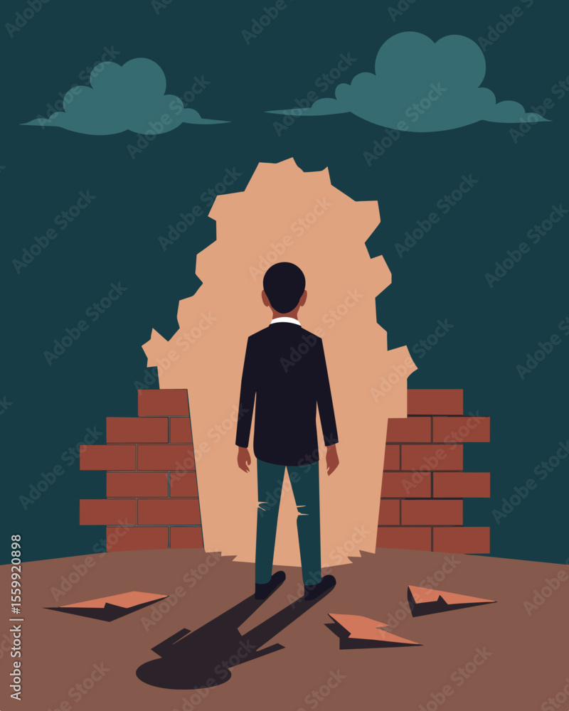 Poster a drawing of a person standing in front of a crumbling wall with the words worthless and unwanted wr