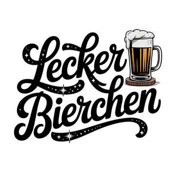 Lecker Bierchen illustration featuring the word alcohol with a frothy mug design in a bold and artistic style
