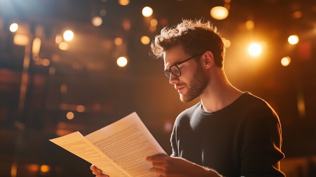 Young man reads scripts under stage lights in a theater during an evening rehearsal session