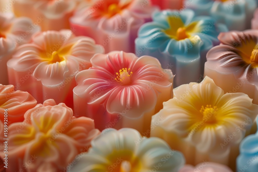 Poster close up of colorful flower shaped handmade soap bars, creating a beautiful and fragrant display