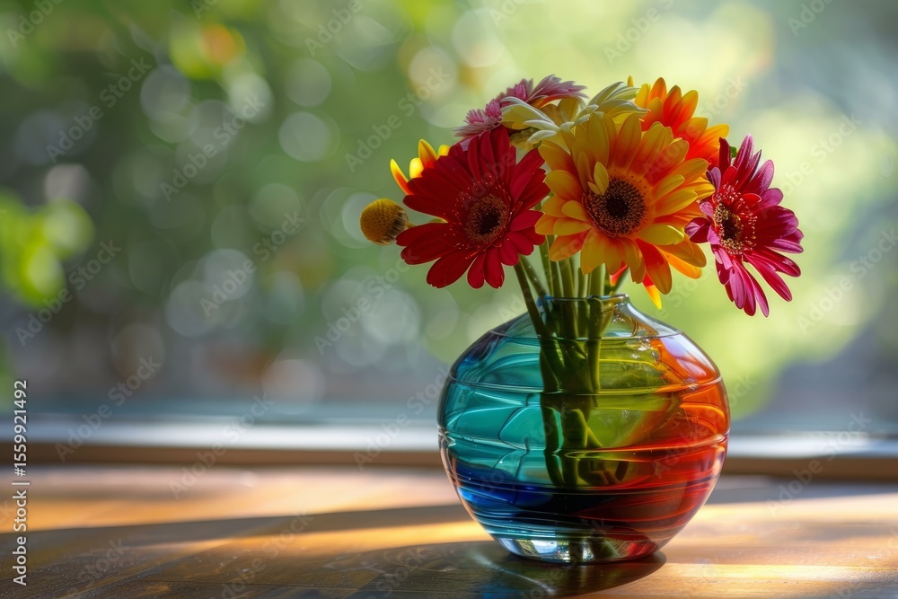 Poster vibrant gerbera daisies add a splash of color to a sunlit windowsill, creating a cheerful and inviti