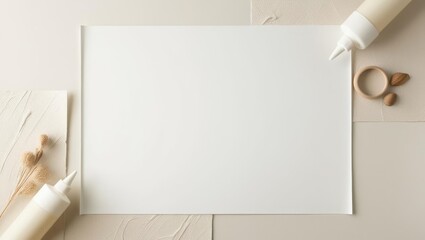 Crafting Mockup: Blank White Paper Surrounded by Art Supplies in Neutral Tones
