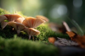 serene forest scene featuring various mushrooms nestled in soft dappled light of woods