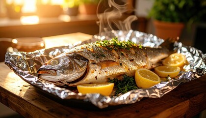 Delicious steamed fish with fresh herbs and lemon in foil on wooden table