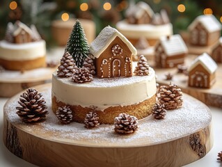 Festive gingerbread house-shaped cake. Miniature edible houses, Christmas tree, and pine cones decorate a small, layered cake