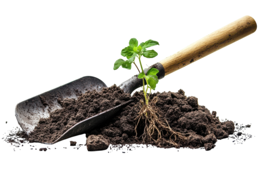Planting Hope Seedling Emerges with Shovel and Rich Earth Embracing Growth and Sustainable Gardening
