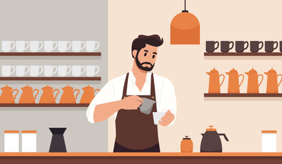 Barista Working in Coffee Shop, Preparing Coffee. Person Works, Cooking in Cafeteria. Flat Vector Illustration.