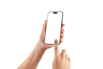 Transparent hand holding smartphone with blank screen isolated on white, ideal for mobile app mockups, UI presentations, or tech-related marketing visuals